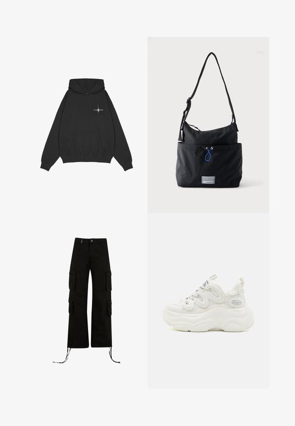 Pegador Mikina s kapucňou - washed black; Čierne cargo nohavice s voľným strihom, obsahujúce cargo vrecká na bokoch, sťahovacie lemy a gombíkovú zaťahovaciu pásku v páse.; Biele chunky tenisky s vrchnou časťou z sieťoviny a syntetického materiálu, zakrivený tvar, textúrovaná podrážka a výrazný systém šnurovania s logom.; Čierna látková taška cez rameno s nastaviteľným popruhom, predný vrecko s modrým sťahovacím šnúrkou a malá obdĺžniková logo nášivka v spodnej časti.