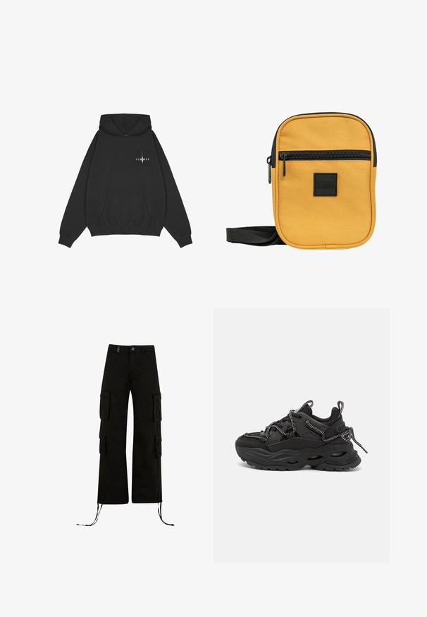 Pegador Hoodie - washed black; Zwarte cargobroek met een relaxte pasvorm, met cargozakken aan de zijkanten, koordjes aan de onderkant en een knoopsluiting in de taille.; Zwarte sportieve schoenen met een textuurstof bovenkant, dikke rubberen zool en contrasterende veters. Beschikt over een versterkte hiel en branding.; Geel stoffen crossbodytas met een gestructureerd oppervlak, voorvak met rits, zwarte rits en verstelbare schouderband. Bevat een vierkant merklabel.
