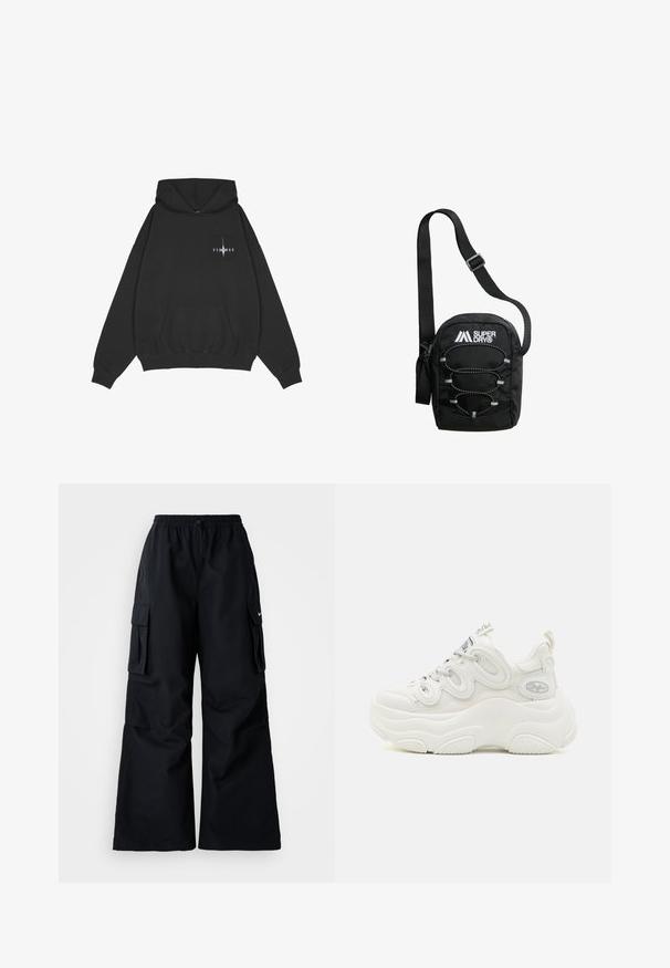 Pegador Hoodie - washed black; Zwarte cargobroek met wijde pijpen, elastische tailleband, verstelbaar trekkoord en twee steekzakken. Gemaakt van een gladde, lichte stof.; Witte chunky sneakers met een bovenwerk van mesh en synthetisch materiaal, een gebogen vorm, een gestructureerde zool en een opvallend vetersysteem met logo-details.; Zwarte Superdry crossbody tas met verstelbare riem en bungee koord detail op het voorvak.