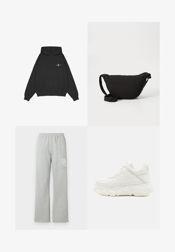 Pegador Kapuutsiga pusa - washed black; Hallid hallid tracksuit-püksid elastse vöökohtaga, sirge säärega disain, pehme tekstuur ja väike valge logo vasakul küljel.; Valge jämeda tallaga tossude stiilis jalanõu, nööritav, külgedel ja kannal on "Buffalo" bränd.; Mustast kott, mis on valmistatud pehmest kangast, millel on kaarjas kuju, tõmblukk ja lai reguleeritav rihm. Sile tekstuur, ilma mustriteta.