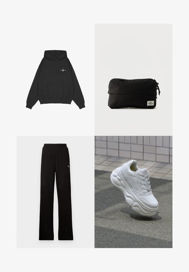Pegador Hoodie - washed black; Zwarte geribde wijde broek met elastische tailleband en klein decoratief logo, met een gladde textuur en een full-length ontwerp.; Witte leren sneaker met een zware zool, textuurdetails en vetersluiting. Beschikt over gevormde accenten en een gladde afwerking.; Zwart rechthoekig etui met rits en een stoffen label met het logo "Mads Nørgaard Copenhagen" rechtsonder.