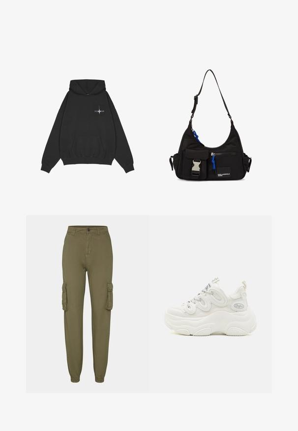 Pegador Sweat à capuche - washed black; Pantalons cargo vert olive en tissu doux, dotés de deux poches latérales, de poignets élastiques et d'une fermeture par bouton à l'avant.; Baskets blanches chunky avec une tige en mesh et synthétique, forme incurvée, semelle texturée et système de laçage proéminent avec des détails de logo.; Sac à épaule en nylon noir avec une forme incurvée, une sangle ajustable, une poche avant avec fermoir, des accents bleus et un détail de logo.