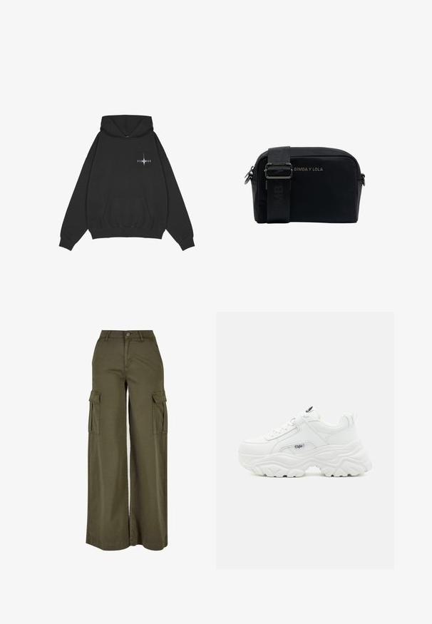 Pegador Jersey con capucha - washed black; Pantalones cargo anchos en color verde oliva con dos bolsillos laterales, fabricados en un tejido suave y duradero. Presentan costuras detalladas y un cierre de botón.; Zapatillas blancas voluminosas con parte superior de piel lisa, punta redonda y suela gruesa texturizada con un logo de la marca visible en el lateral.; Bolsa cruzada de nylon negro con forma rectangular, correa ajustable y herrajes plateados. Presenta el logo de la marca en relieve en la parte delantera.
