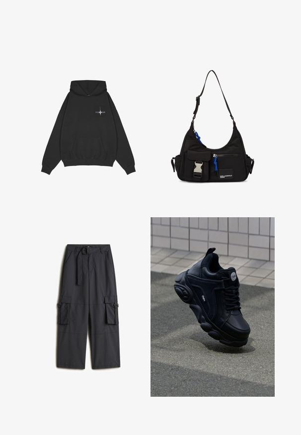 Pegador Jersey con capucha - washed black; Pantalones cargo de un gris oscuro, hechos de una tela ligera, que cuentan con un cinturón de hebilla redonda, dos bolsillos laterales y dos bolsillos cargo.; Zapatilla negra con suela gruesa, parte superior de piel suave y acentos texturizados. Presenta una puntera redonda y costuras decorativas.; Bolso de hombro negro de nylon con forma curvada, correa ajustable, bolsillo frontal con cierre, acento azul y detalle de logo.