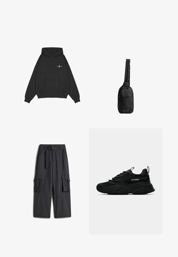 Pegador Jersey con capucha - washed black; Pantalones cargo de un gris oscuro, hechos de una tela ligera, que cuentan con un cinturón de hebilla redonda, dos bolsillos laterales y dos bolsillos cargo.; Zapatilla chunky negra de Steve Madden con paneles de malla, suela gruesa, tiradores en la lengüeta y el talón, y lettering del logo lateral, mostrada de perfil.; Bolso de hombro negro hecho de tejido texturizado, con una sola correa acolchada, bolsillo con cremallera en la parte frontal y parche con el logo en la base.
