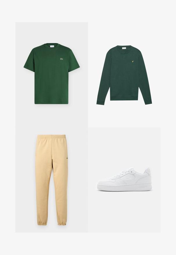 Donkergroene sweatshirt met lange mouwen en ronde hals, met een klein geel vogellogo geborduurd op de linkerkant van de borst.; Donkergroene katoenen T-shirt met korte mouwen, ronde hals en klein Lacoste krokodillenlogo op de linkerborst.; Beige joggerbroek met elastische tailleband en boorden, met een klein groen krokodillenlogo geborduurd op de rechterdij.; Witte leren sneaker met geperforeerde neus, platte veters en gevoerde kraag. Voorzien van een geperst logo aan de zijkant en een getextureerde rubberen zool.