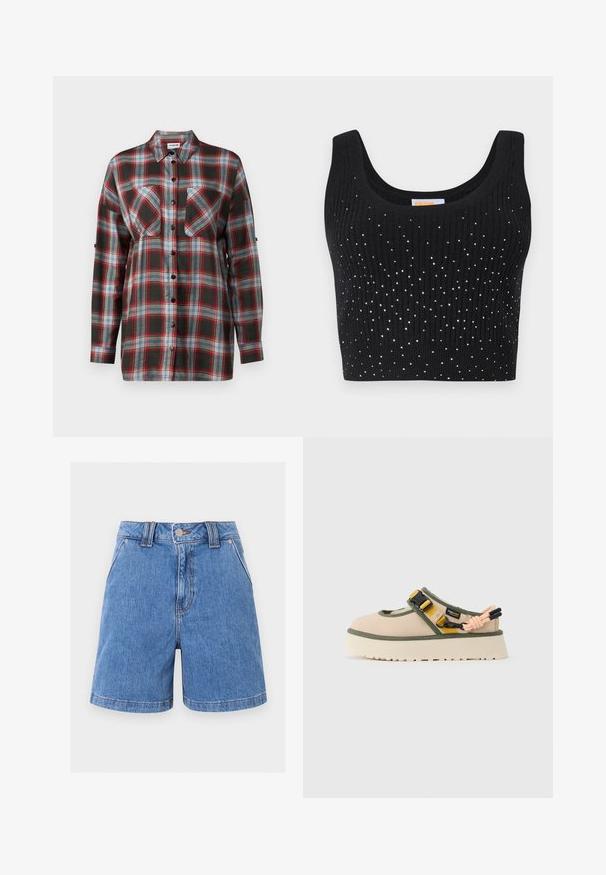 Čierny rebrovaný crop top s väčším výstrihom a striebornými flitrami roztrúsenými po prednej strane.; Košela s dlhými rukávmi v károvanom vzore s tmavozelenou, červenou, modrou a bielou farebnou schémou, s dvomi náprsními vreckami a zapínaním na gombíky.; Modré rifľové šortky s predným zapínaním na gombík a zips, pútkami na opasok, prednými vreckami a rovnými lemami na jednoliatom svetlom pozadí.; Béžovo-zelená masívna platformová sandála so žltými a čiernymi nastaviteľnými remienkami, textúrovanou látkou a gumovou podrážkou.