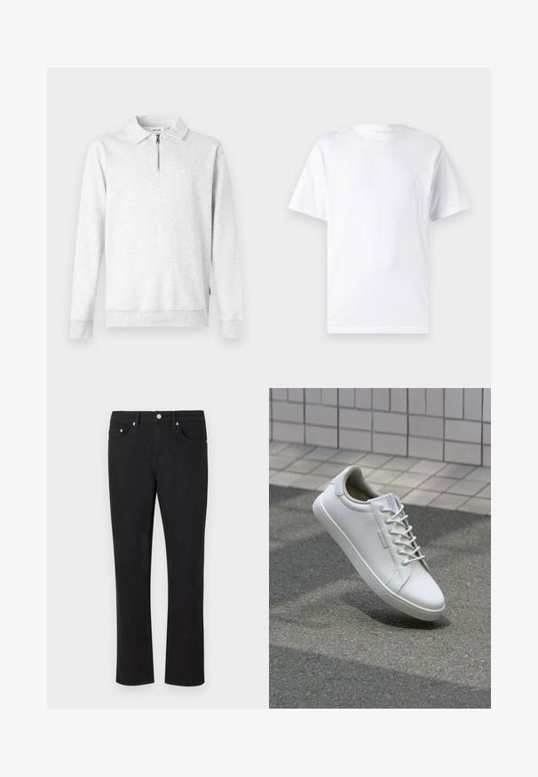 Lys grå sweatshirt med lynlås i kraven, lange ærmer, ribbede manchetter og kant. Fremstillet af blød, tekstureret stof. Ingen mønstre eller accenter.; Hvid kortærmet t-shirt lavet af bomuld med rund hals, der har en glat tekstur og et simpelt design uden mønstre eller accenter.; Sorte denimjeans med lige ben, der har fem lommer og sølvhardware med en glat tekstur. Ingen mønstre eller accenter.; Hvide sneakers lavet af tekstureret læder, med snørelukning, robust gummisål og minimalistisk design med forstærket tå.