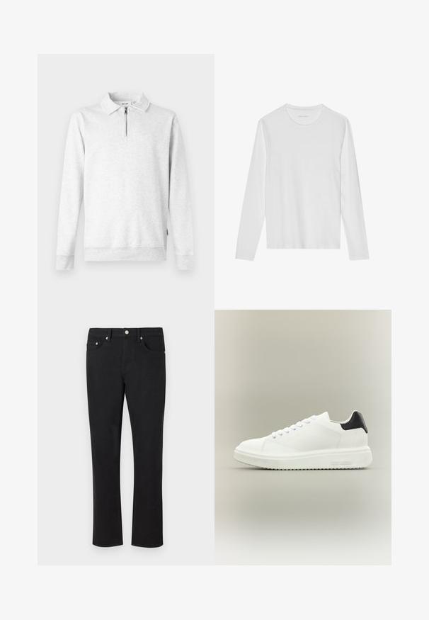 Lichtgrijze sweatshirt met een ritssluiting bij de kraag, lange mouwen, ribgebreide manchetten en zoom. Gemaakt van zachte, gestructureerde stof. Geen patronen of accenten.; Wit T-shirt met lange mouwen gemaakt van zacht katoen, met een ronde halslijn en een gladde textuur zonder zichtbare patronen of accenten.; Zwarte denim jeans met een recht model, voorzien van vijf zakken en zilveren hardware met een gladde textuur. Geen patronen of accenten.; Witte lage sneaker met dikke zool, veters aan de voorkant en een zwart hielstuk, gebrandmerkt met "Steve Madden" op de zijkant van de zool.