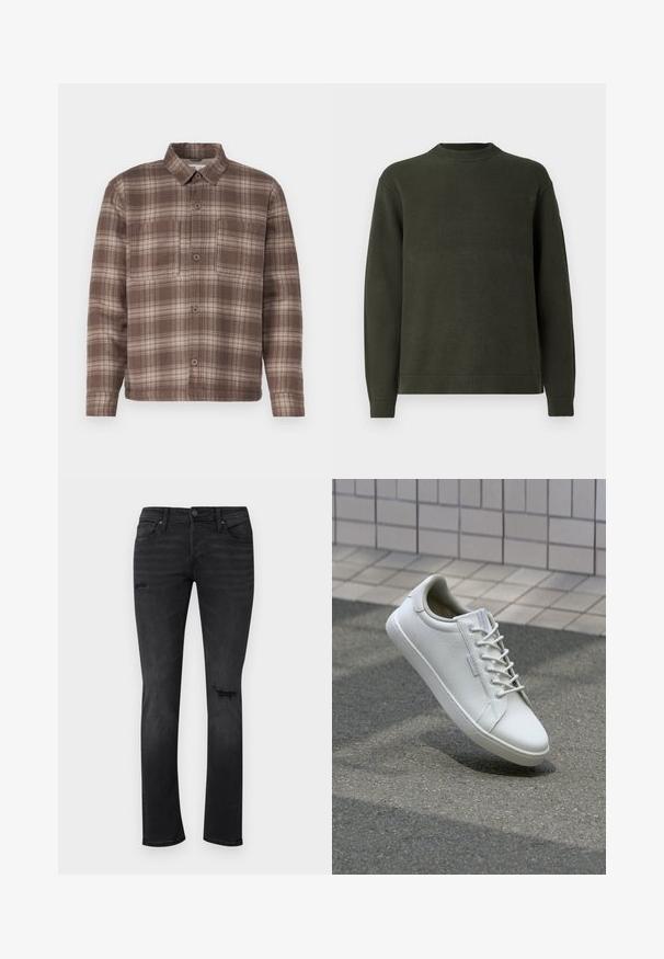 Dunkelgrüner, gestrickter Pullover mit langen Ärmeln, geripptem Rundhalsausschnitt, Bündchen und Saum, auf einem schlichten weißen Hintergrund präsentiert.; Braun karierte Hemd mit spitzem Kragen, zwei Brusttaschen und Knopfschluss, aus einem weichen, strukturierten Stoff gefertigt.; Schwarze Jeans aus Denim mit Slim-Fit, die sichtbare, abgewetzte Stellen an den Knien aufweisen, fünf Taschen besitzen und einen normalen Knopf- und Reißverschluss haben.; Weiße Sneaker aus strukturiertem Leder, mit einer Schnürung vorne, robustem Gummisohle und minimalistisches Design mit verstärkter Zehenkappe.