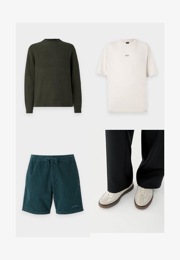 Suéter de punto de manga larga en verde oscuro con cuello redondo acanalado, puños y dobladillo, exhibido sobre un fondo blanco liso.; Oakley RISE TEE - Camiseta básica - mist; Bañador de pana en color verde azulado oscuro con cintura elástica y cordón. Presenta un logo en la parte inferior de la pierna derecha. Textura suave, diseño hasta la rodilla.; Pies con zapatillas beige con suelas marrones y pantalones negros de pierna ancha sobre un fondo blanco.