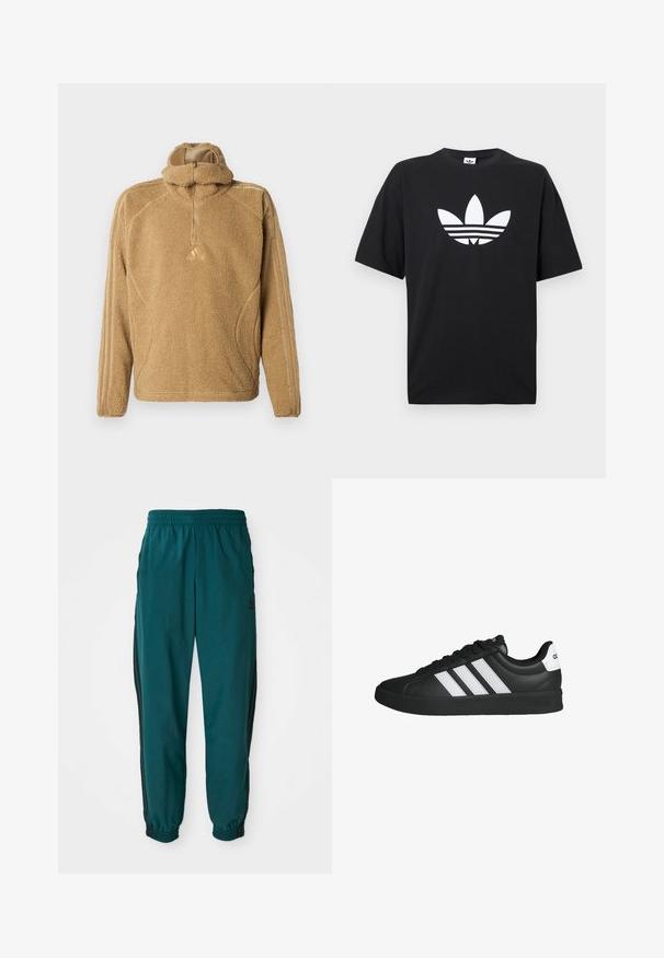 Fleece pullover i lys brun med en halv lynlås krave, lange ærmer og tekstureret stof med tonale sidelister.; Sort bomulds T-shirt med korte ærmer, der har et stort hvidt Adidas-logo og tre vandrette striber i bunden. Klassisk rund halsdesign.; Teal sportsbukser med snoretræk i taljen, elastiske manchetter og sorte striber på siden. Lavet af letvægtsstof med et logo nær hoften.; Sort Adidas-sneaker med hvide striber, sort sål, snørredesign og hvid hælflig med Adidas-logo, vist i sideprofil.