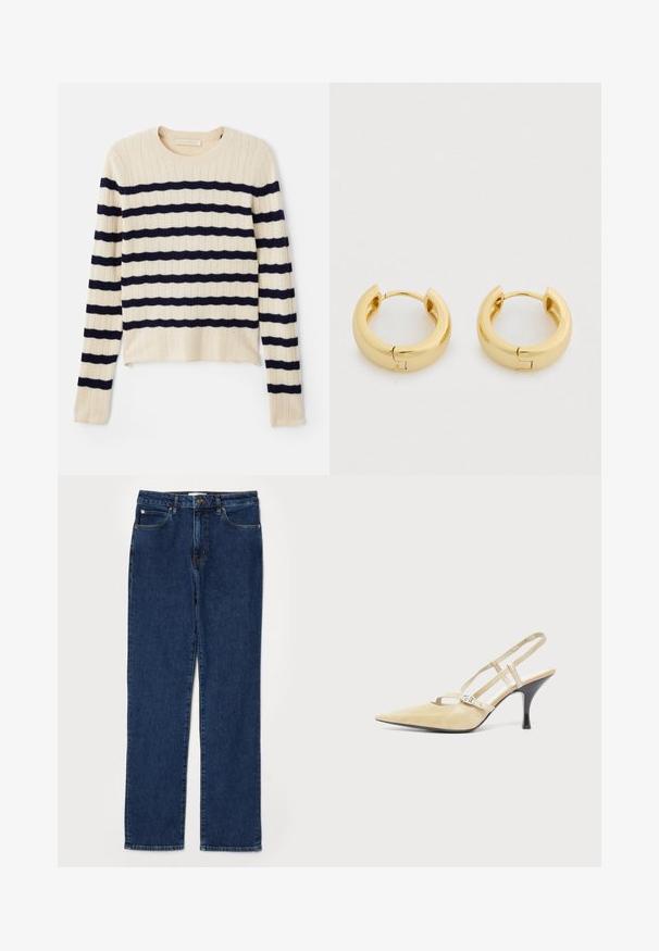 Vanessa Bruno ESTELLE - Striktrøje - ecru/marine; Denim jeans i mørkeblå farve, lige ben design, fem-lommer stil, med en robust talje og synlige syning detaljer.; Beige spids tå slingback hæl med tynde stropper og en sølv spænde over en sort mellemhøj stilethæl på hvid baggrund.; Guldørehængere med en glat, poleret finish, cirkulær form og hængslet lukning. Designet er moderne og minimalistisk.