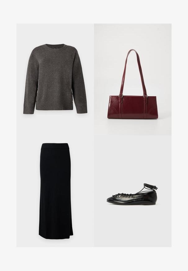 Grå strikket sweater med rund hals, ribbet kant og knapdetaljer i siden for et unikt design. Blød tekstur med en klassisk silhuet.; Sort, lang, strikket nederdel med en sideslids. Har en strækbar talje og en glat tekstur. Enkel, tætsiddende design. Ingen synlige mønstre eller detaljer.; Sorte balletflade sko i laklæder med rundet tå, snørelukning og flad sål. Glat tekstur med få detaljer.; Bordeaux håndtaske lavet af glansfuldt materiale, rektangulær form, med to skulderremme og subtile buede detaljer på forsiden.