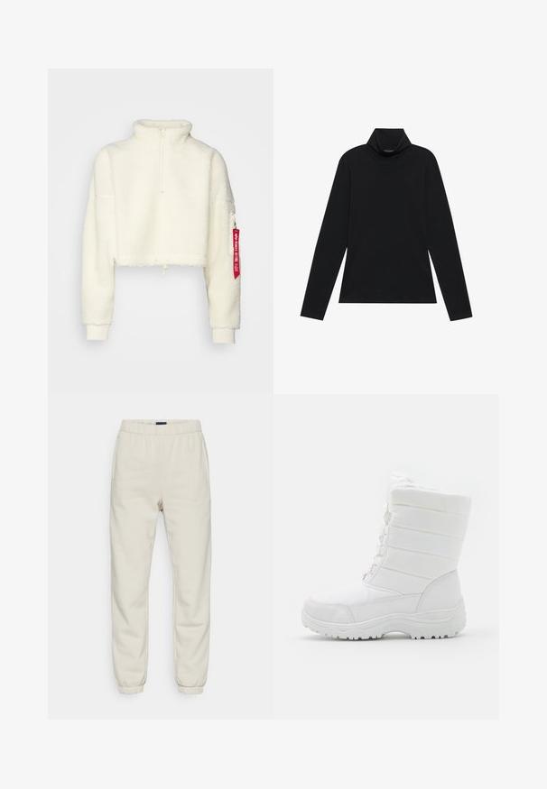 Hvid cropped fleece pullover med høj krave, halvlukket front, snøring i kanten og et rødt mærke på venstre ærme. Blød tekstur.; Sort turtleneck med lange ærmer. Blødt stof, tætsiddende design, høj krave og sidesøm. Simpel og alsidig stil, der er velegnet til lag-på-lag.; Cremefarvede sweatpants lavet af blødt materiale, med elastisk talje, sidelommer og manchetter ved anklerne.; Hvide vandtætte vinterstøvler med en polstret overdel, tekstureret design, justerbare snørebånd og en robust gummisål for godt fæste.