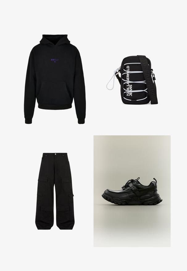 Schwarzer Kapuzenpullover aus weichem Stoff, mit einer Fronttasche, gerippten Bündchen und einem kleinen lila Grafik mit japanischem Text.; Schwarze Cargo-Hosen aus strapazierfähiger Baumwolle mit lockerer Passform. Verfügt über mehrere Utility-Taschen und ein gerades Bein Design.; Schwarzer klobiger Sportschuh mit verstellbarem Riemen, Schnürzug und robustem Profil, seitlich auf neutralem Hintergrund dargestellt.; Schwarze Umhängetasche mit weißen elastischen Schnüren, silbernen Beschlägen und dem Aufdruck "KARL LAGERFELD JEANS" in Weiß auf der Vorderseite, mit breitem schwarzem Träger.
