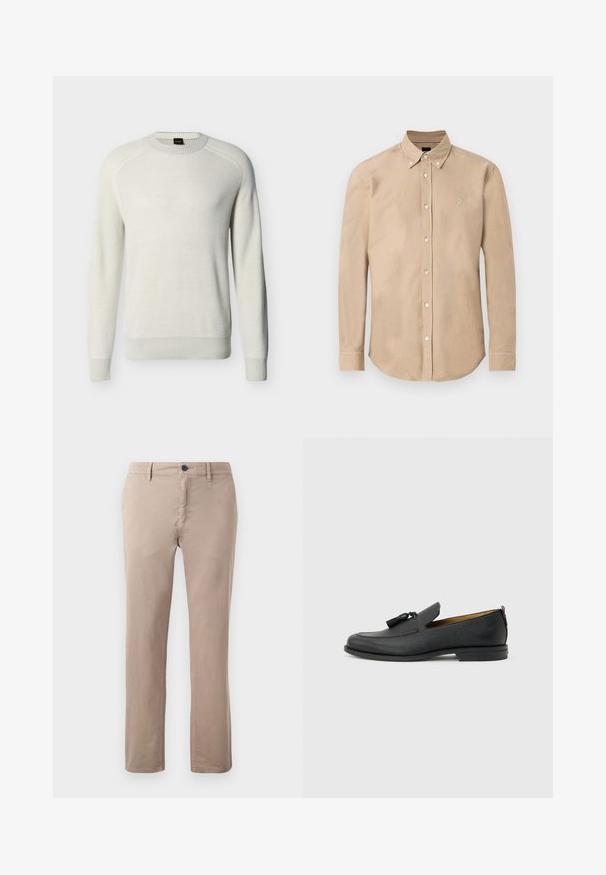 Pull à col rond manches longues couleur écru avec poignets, ourlet et col côtelés sur fond uni.; Chemise beige à manches longues avec boutons sur le devant, col boutonné et petit logo brodé sur le côté gauche de la poitrine.; Chinos en coton beige clair avec des jambes droites, des poches avant et un unique bouton en haut à la taille. Texture lisse avec des coutures piquées.; Mocassin pour homme en cuir noir avec pompons, bout arrondi, petit talon et languette à l'arrière, présenté de profil sur un fond gris clair.