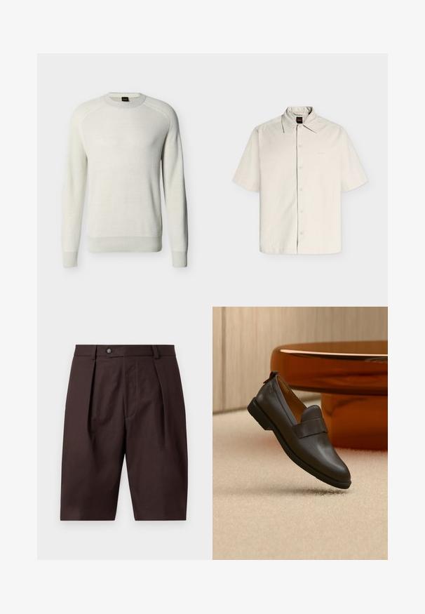Pull à col rond manches longues couleur écru avec poignets, ourlet et col côtelés sur fond uni.; Chemise beige à manches courtes, boutonnée, col pointu et logo discret de la marque sur le côté gauche de la poitrine.; Shorts marron sur mesure longueur genoux avec plis devant, passants de ceinture et fermeture par bouton sur un fond uni clair.; Mocassin en cuir marron foncé avec un petit talon flottant au-dessus d'un tapis beige, à côté d'une table brillante, arrondie et de couleur ambre.