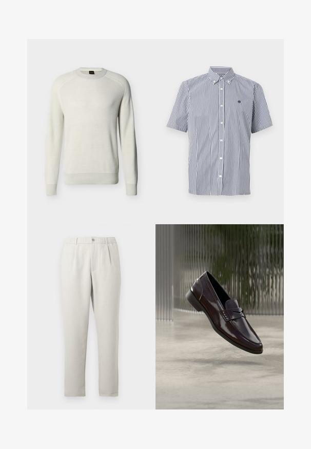 Pull à col rond manches longues couleur écru avec poignets, ourlet et col côtelés sur fond uni.; Chemise à manches courtes boutonnée avec des rayures verticales blanches et bleu marine et un petit logo brodé sur la poitrine gauche.; Pantalon beige clair à coupe décontractée avec une légère brillance, doté d'une taille élastique, de poches avant et d'une coupe fuselée.; Mocassins en cuir marron à finition brillante, avec une couture surélevée et un petit détail découpé à l'avant, ainsi qu'une semelle basse noire.
