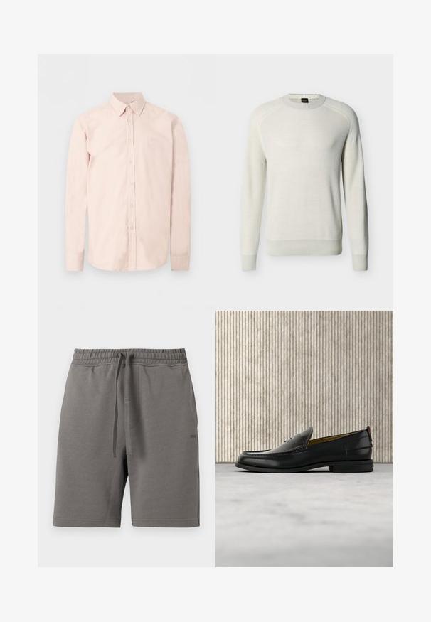 Pull à col rond manches longues couleur écru avec poignets, ourlet et col côtelés sur fond uni.; Chemise rose clair à manches longues avec boutons, col pointu, logo discret sur la poitrine et poignets boutonnés sur un fond blanc uni.; Shorts à taille élastique grise avec cordon de serrage, poches latérales et logo discret "HUGO" sur la cuisse droite.; Mocassin pour homme en cuir noir avec un dessus embossé effet croco et un petit talon, présenté de profil sur un fond neutre.