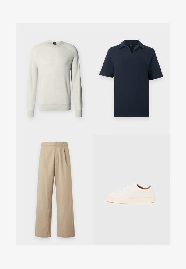 Pull à col rond manches longues couleur écru avec poignets, ourlet et col côtelés sur fond uni.; Polo bleu marine manches courtes avec tissu texturé et col ouvert, présenté sur un fond clair uni.; Pantalon beige à jambes larges avec passants de ceinture, fermeture éclair devant, et plis, présenté sur fond blanc.; Baskets blanches basses avec un design à lacets, des détails de couture minimalistes, et une semelle couleur crème sur un fond gris clair.
