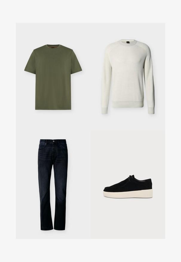 Pull à col rond manches longues couleur écru avec poignets, ourlet et col côtelés sur fond uni.; T-shirt vert olive à manches courtes et col rond avec un logo discret "BOSS" centré sur la poitrine, design uni sur fond gris clair.; Jean droit couleur indigo foncé avec fermeture avant à boutons et zip, passants pour ceinture et design à cinq poches, présenté sur un fond clair uni.; Chaussure décontractée noire en daim à lacets avec semelle en caoutchouc blanche épaisse, vue de côté sur fond gris clair uni.