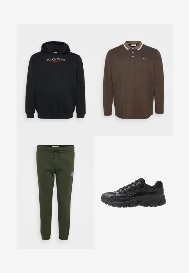Mustapukuinen huppari, jossa on rintamuksessa painettu teksti "JACK & JONES Originals Studio" ja hupparin nyörit.; Pitkähihaisessa t-paidassa on tumma ruskea väri, kontrastoiva vaaleanbeige kaulus, kolme nappia edessä ja pieni logo vasemmassa rinnassa. Pehmeä rakenne.; Vihreät collegehousut, jotka on valmistettu pehmeästä puuvillasekoitteesta. Housuissa on joustava vyötärö, johon kuuluu naru, sekä ribbikudotut hihnat nilkoissa.; Musta urheilukenkä, jossa on verkko- ja synteettinen päällinen, tekstuuri pinta, nauhakiinnitys ja kuvioitu kumipohja pidon varmistamiseksi.
