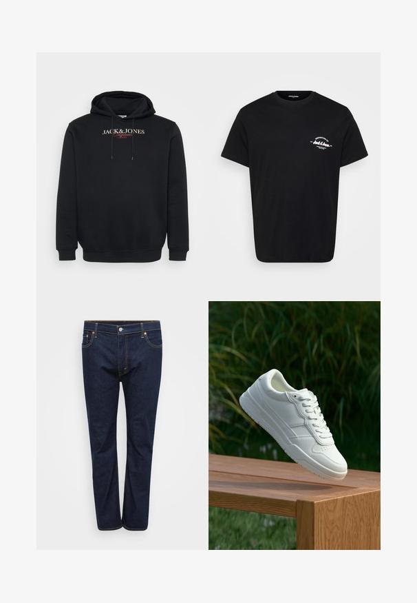 Schwarzer Kapuzenpullover mit dem Aufdruck "JACK & JONES Originals Studio" auf der Brust und Kordeln an der Kapuze.; Schwarzes Baumwoll-T-Shirt mit Rundhalsausschnitt, kurzen Ärmeln und einem weißen, gedruckten Logo auf der linken Brust. Klassischer Schnitt und glatte Textur.; Dunkelblaue Denim-Jeans mit geradem Bein, sichtbar abgenäht in kontrastierendem Gelb, fünf Taschen und einem vorderen Knopfverschluss.; Weiße Ledersneaker mit glatter Oberfläche, ausgestattet mit einem perforierten Design, klassischer Schnürung und Gummisohle, positioniert auf einer Holzoberfläche.