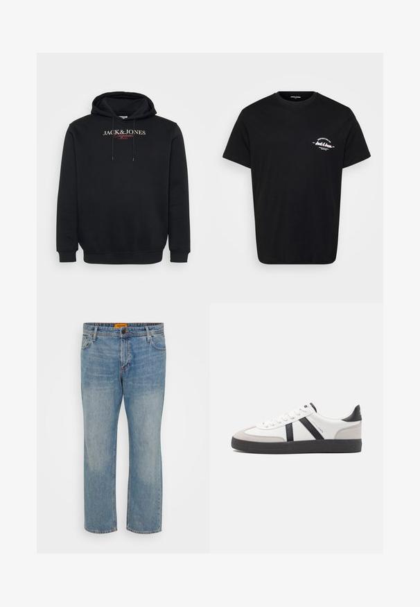 Schwarzer Kapuzenpullover mit dem Aufdruck "JACK & JONES Originals Studio" auf der Brust und Kordeln an der Kapuze.; Schwarzes Baumwoll-T-Shirt mit Rundhalsausschnitt, kurzen Ärmeln und einem weißen, gedruckten Logo auf der linken Brust. Klassischer Schnitt und glatte Textur.; Hellblaue Denim-Jeans mit geradem Bein, ausgestattet mit fünf Taschen, einem Knopfverschluss und einem orangefarbigen Markenschild am Bund.; Weiße Sneaker mit schwarz- und grau-aczenten, ausgestattet mit einer strukturierten grauen Zehenkappe, schwarzer Gummi-Sohle und flachen weißen Schnürsenkeln. Sauberes Design, minimalistische Stil.