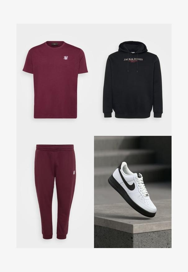 Mustapukuinen huppari, jossa on rintamuksessa painettu teksti "JACK & JONES Originals Studio" ja hupparin nyörit.; Burgundy puuvillapaita, jossa on pyöreä kaula-aukko, lyhyet hihat ja pieni valkoinen logo vasemmassa rinnassa. Taipuisa materiaali ja klassinen istuvuus.; Burgundy sweatsuitit valmistettu pehmeästä kankaasta, jossa on joustava vyötärö, käännetyt nilkat ja pieni brodeerattu logo vasemmassa reidessä.; Valkoinen nahkainen lenkkikenkä mustilla yksityiskohdilla, pyöreä varvas ja rei'itetty koristelu. Musta kumipohja, jossa on kuvioitu pinta ja nauhallinen kiinnitys.