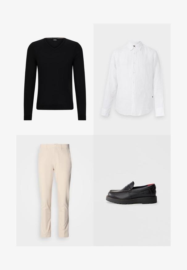 Sort langærmet sweater med v-hals. Fremstillet af et glat strikstof, med ribbede manchetter og kant for ekstra struktur.; Hvid skjorte med lange ærmer, knapper foran, krave og en subtil stoftekstur.; Lysebeige bukser med en glat tekstur, slim fit, knaplukning og sidelommer. Ingen synlige mønstre eller accenter.; Sorte læderslippersko med mokkastoftning, gummisål og en struktureret overflade. Har subtil branding på siden.