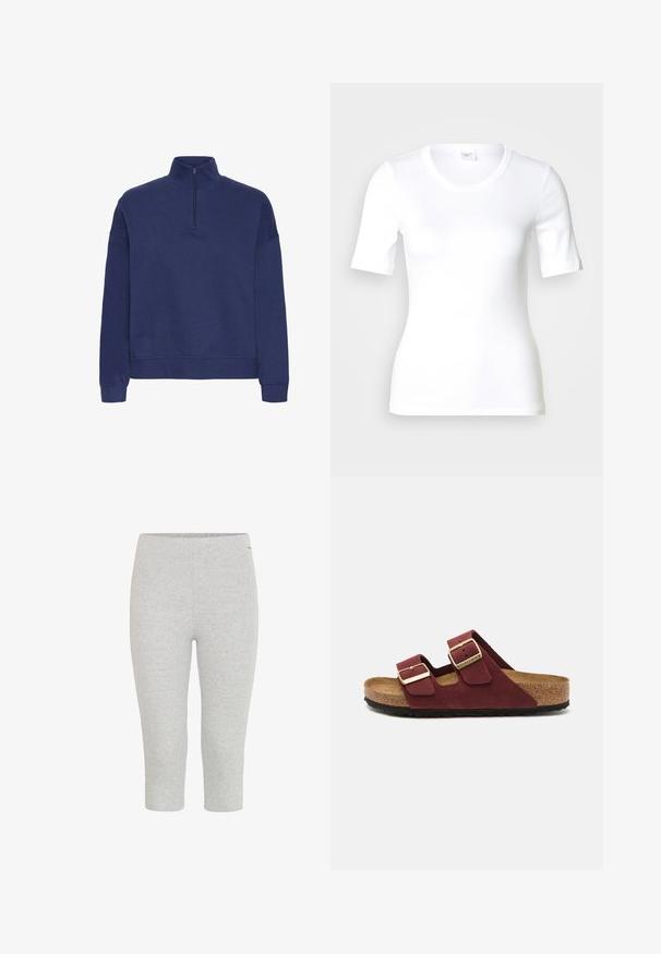 Tumesinine pullover-sweater veerandzipi kraega, pikkade varrukatega, sooniku äärega ja pehme tekstuuriga; minimaalne disain ilma mustriteta.; Valge lühikeste varrukatega T-särk, mis on valmistatud siledast puuvillast, ümar kaelusega ja keha järgiva lõikega. Klassikaline disain, ilma mustrite või aktsentideta.; Hallid venivad capri retuusid hallis värvuses, sujuva tekstuuriga ja elastse vöökoha, millel on sobiv disain ning ilma nähtavate mustrite või aktsentideta.; Birkenstock ARIZONA REGULAR - Sandaalid - zinfandel