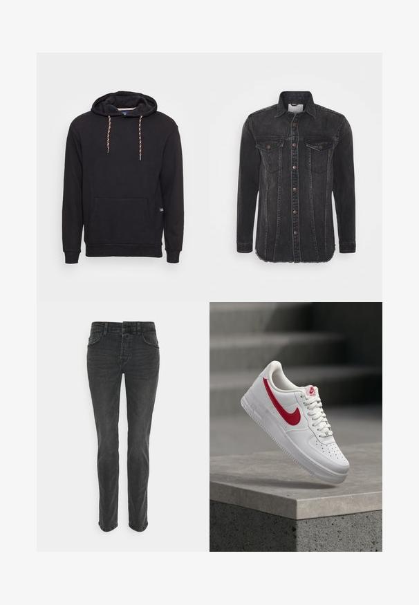 Sweat-shirt à capuche noir avec cordons tressés, poche kangourou à l'avant, poignets et ourlet côtelés, texture de tissu douce, branding minimal.; Veste en denim noir à manches longues, fermeture à boutons, deux poches poitrine et ourlet effiloché. Présente un léger décoloration et des détails cousus.; Jeans en denim noir avec une coupe droite, cinq poches et des coutures discrètes. Le tissu a une finition lisse et légèrement texturée.; Baskets blanches Nike Air Force 1 avec logo swoosh rouge flottant au-dessus d'un rebord en béton et des escaliers en arrière-plan.
