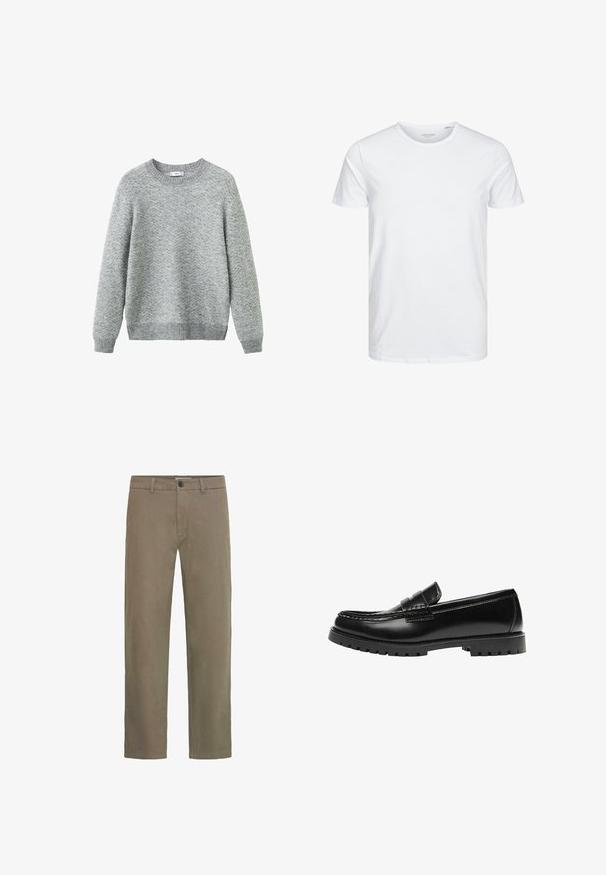 Pull gris en tissu tricoté texturé avec un motif en zigzag, col rond, poignets et ourlet côtelés. Coupe régulière.; T-shirt à col rond à manches courtes de couleur blanche unie, fabriqué en coton doux, avec un design simple sans motifs ni accents visibles.; Chinos kaki en coton. Dotés d'une coupe droite, de poches avant, d'une poche arrière unique et d'une fermeture par bouton à la taille.; Mocassin en cuir noir avec une semelle en caoutchouc épaisse et un détail classique de bride à monnaie, vu de côté extérieur.