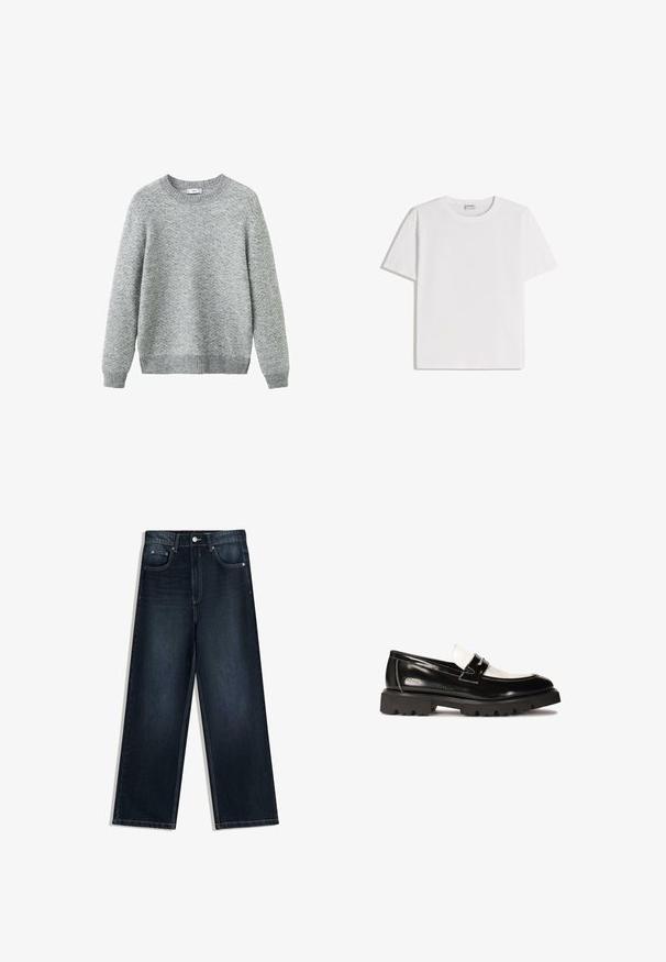 Pull gris en tissu tricoté texturé avec un motif en zigzag, col rond, poignets et ourlet côtelés. Coupe régulière.; T-shirt en coton blanc avec un col rond et des manches courtes. Présente une coupe classique et carrée, sans motifs ni accents visibles.; Jean en denim foncé à jambes larges avec une texture lisse, doté d'une fermeture à boutons sur le devant, de cinq poches et de détails de couture contrastants.; Mocassins en cuir verni noir avec un accent en cuir blanc, semelle épaisse en caoutchouc noir, et détails cousus. Texture lisse avec une finition brillante.