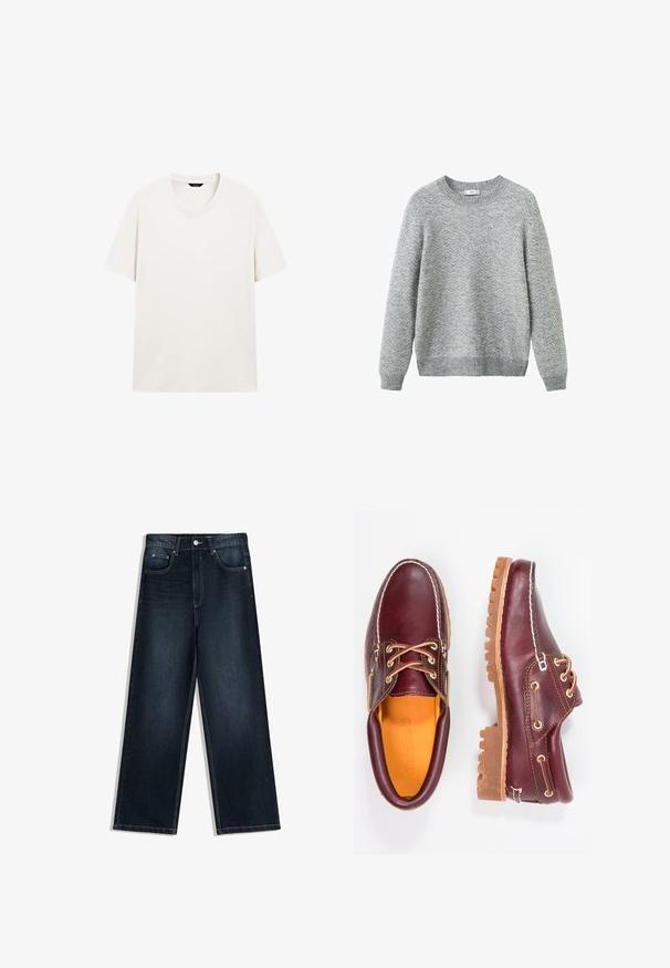 Grå sweater lavet af tekstureret strikstof med zigzagmønster, rund halsudskæring samt ribstrikkede manchetter og kant. Regular fit design.; Lys hvid kortærmet t-shirt med rund hals, vist fladt med synlig halslabel mod en hvid baggrund.; Vidbenede mørkeblå denimjeans med en glat tekstur, der har frontlukning med knapper, fem lommer og kontrasterende syninger.; Bordeaux lædersko med brune gummisåler, rund tå, hvid syning og gyldne snøringer. Indersiden har et gult for.