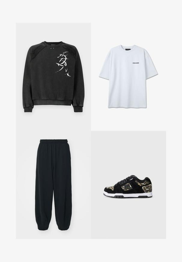 Schwarzer Pullover aus weichem Stoff, mit einem weißen Grafikdesign, Raglanärmeln sowie gerippten Bündchen und Saum.; Weißes T-Shirt mit kurzen Ärmeln und Rundhalsausschnitt, mit schwarzem "PEGADOR"-Schriftzug auf der linken Brust und einem schwarzen Etikett im Kragen.; Schwarze Sweatpants mit elastischem Bund, lockerer Passform, gerippten Beinabschlüssen, glatter Textur und ohne sichtbare Muster oder Hardware-Akzente.; Schwarze Wildledersneaker mit Camouflage-Muster an der Seite, weißer Mittelsohle und schwarzer Gummisohle. Mit Schnürsenkeln und Logodetail an der Seite.