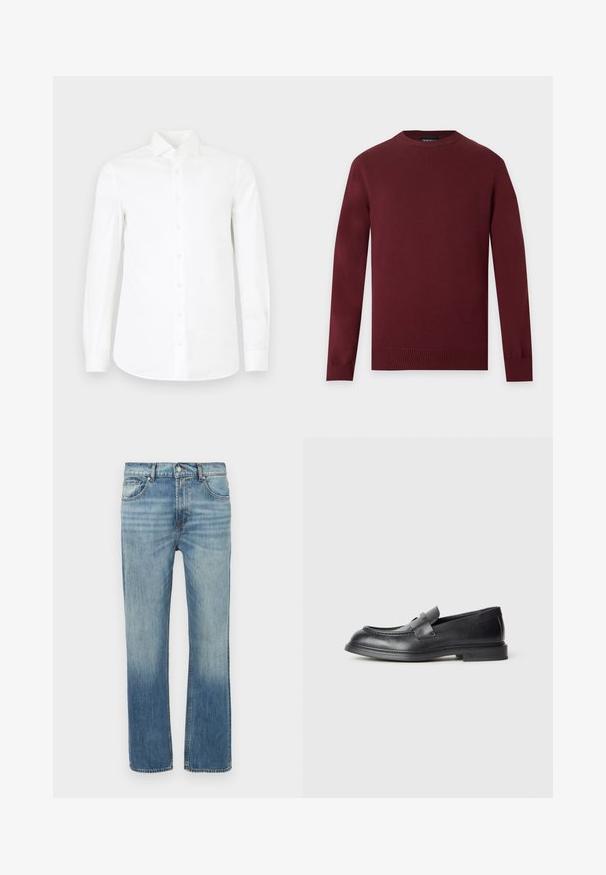 Langärmliger, weinroter Pullover mit Rundhalsausschnitt, gerippten Bündchen und Saum, dargestellt auf einem einfarbigen hellgrauen Hintergrund.; Weißes Langarm-Hemd mit Knöpfen aus glattem Baumwollstoff. Verfügt über einen spitzen Kragen, eine durchgehende Knopfleiste und eine leicht taillierte Silhouette.; Hellblaue Jeans aus Denim mit geradem Schnitt, Verwaschungseffekten, fünf Taschen und einer vorderen Knopfverschluss. Nähte sind entlang der Nähte sichtbar.; Schwarze Lederloafer mit strukturierter Oberfläche, versehen mit einem dekorativen Frontriemen und einer abgerundeten Spitze. Gummisohle für Langlebigkeit.