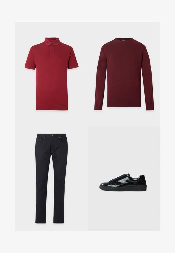 Pull bordeaux à manches longues et col rond, avec poignets et ourlet côtelés, présenté sur un fond uni gris clair.; Polo à manches courtes rouge foncé avec trois boutons noirs et petit logo brodé sur le côté gauche de la poitrine, présenté sur un fond uni.; Pantalon noir slim fit avec fermeture par bouton et zip, poches avant et détails de couture subtils sur fond blanc.; Baskets en cuir verni noir avec un bout arrondi, un laçage, une semelle en caoutchouc texturé et une finition lisse.