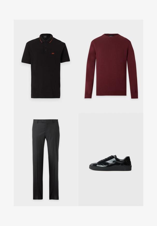 Pull bordeaux à manches longues et col rond, avec poignets et ourlet côtelés, présenté sur un fond uni gris clair.; Polo noir à manches courtes avec trois boutons, bordure orange sur le col et petit logo A|X orange sur la poitrine gauche.; Pantalon formel noir droit avec passants de ceinture et poches latérales présenté sur fond uni.; Baskets en cuir verni noir avec un bout arrondi, un laçage, une semelle en caoutchouc texturé et une finition lisse.