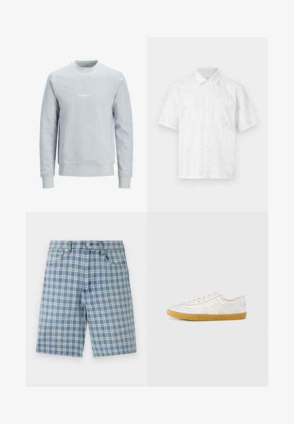 Sweat-shirt bleu clair col rond à manches longues avec petit logo blanc "JJ Studios" centré sur la poitrine.; Chemise blanche à manches courtes, boutonnée, avec col et une seule poche poitrine, présentée sur un fond clair uni.; Shorts à carreaux bleu clair en tissu mélangé de coton, avec un design à cinq poches, une fermeture à bouton et une coupe décontractée. La texture est lisse et douce.; Baskets en cuir blanc à texture lisse, avec un logo "V" beige, un bout rond, un design à lacets et une semelle en caoutchouc gomme.