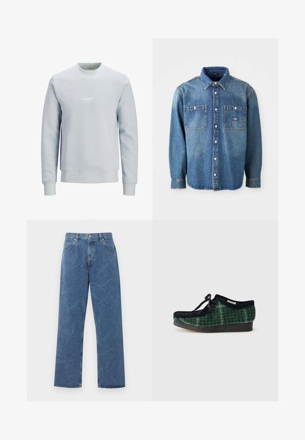 Lichtblauwe crewneck trui met lange mouwen en een klein wit "JJ Studios"-logo in het midden van de borst.; Denim overhemd in medium blauw, met een puntige kraag, twee borstzakken en zilveren knopen. Lange mouwen met knoopmanchetten.; Blauwe jeans met rechte pijpen, subtiel geborduurde abstracte bladvormen en een klassiek ontwerp met vijf zakken, op een lichte achtergrond.; Groene en zwarte schoenen met een suède bovenkant, voorzien van een ronde neus, veters en een gestructureerde rubberen zool.