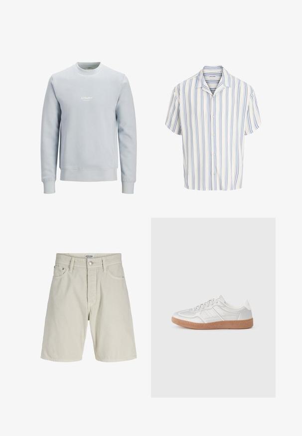 Light blue crewneck sweatshirt with long sleeves and small white "JJ Studios" logo centered on the chest.; Short-sleeve button-up shirt with vertical light blue and white stripes, open collar, and brand label inside collar.; Light beige denim shorts with front button and zipper, belt loops, and five pockets, shown against a white background.; Silver sneakers with a smooth texture, lace-up design, perforated accents, and a textured brown rubber sole.