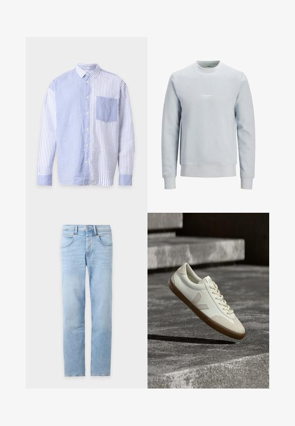 Sweat-shirt bleu clair col rond à manches longues avec petit logo blanc "JJ Studios" centré sur la poitrine.; Chemise bleu et blanc à manches longues boutonnée avec rayures verticales, directions des rayures contrastées de chaque côté et une poche poitrine devant.; Jean denim bleu clair à jambes droites avec poches avant, passants de ceinture et fermeture à boutons sur fond blanc.; Baskets en cuir blanc avec semelle en caoutchouc beige, lacets plats et accent en forme de V sur le côté. Présentent une surface lisse et peu de détails de couture.