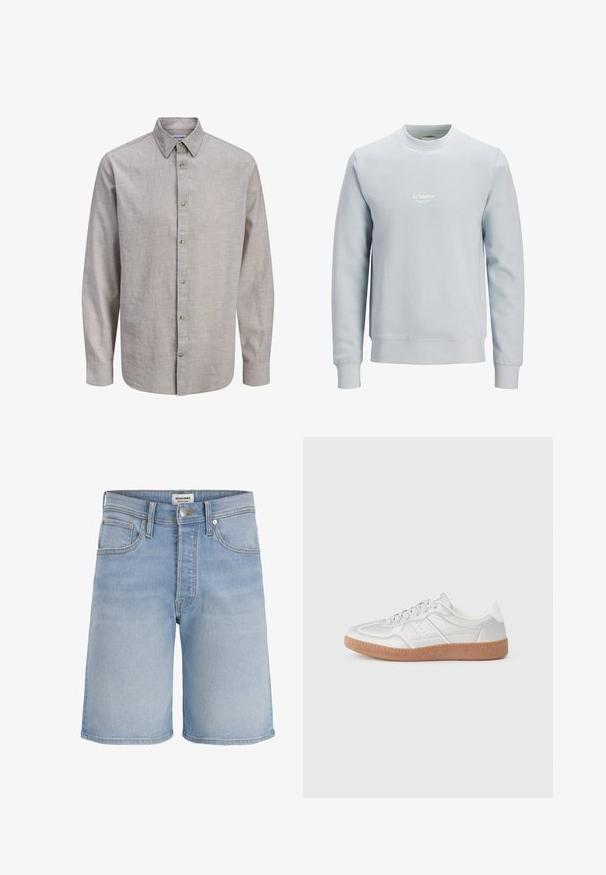 Sweat-shirt bleu clair col rond à manches longues avec petit logo blanc "JJ Studios" centré sur la poitrine.; Chemise beige clair à manches longues, boutonnée, avec col, ourlet droit et boutons visibles, présentée sur fond blanc uni.; Short en denim bleu clair avec cinq poches, passants pour ceinture, braguette zippée et fermeture à bouton, présenté sur un fond blanc uni.; Baskets argentées avec une texture lisse, un design à lacets, des accents perforés et une semelle en caoutchouc marron texturé.