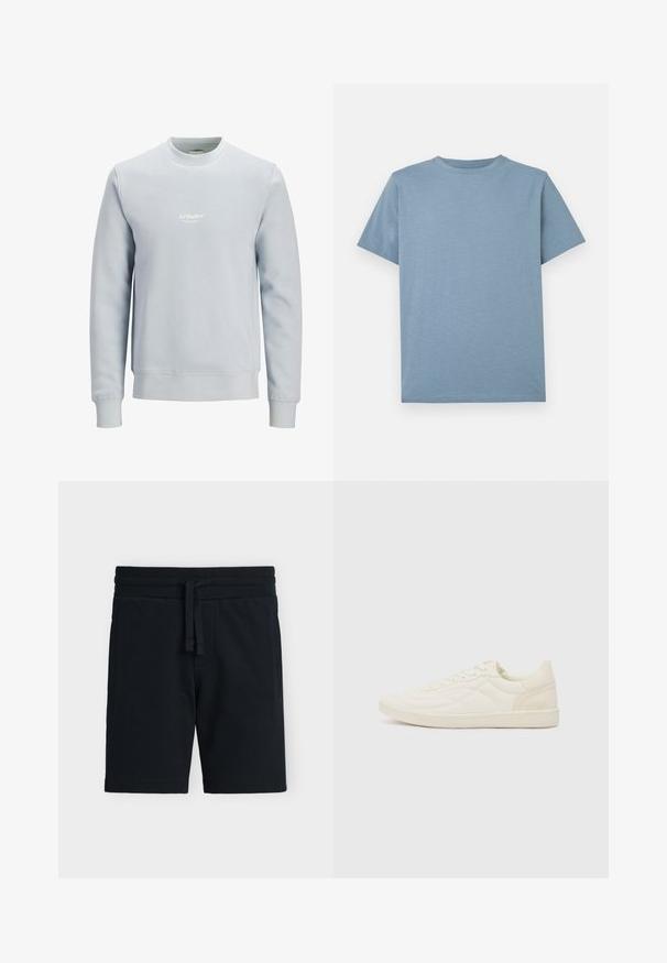 Sweat-shirt bleu clair col rond à manches longues avec petit logo blanc "JJ Studios" centré sur la poitrine.; T-shirt bleu clair à manches courtes et col rond, de design uni, présenté à plat sur un fond blanc.; Shorts en maille texturée noire avec taille élastique et cordon, équipés de poches latérales, présentés à plat sur fond blanc.; ALDO THEPITCH - Baskets basses - white