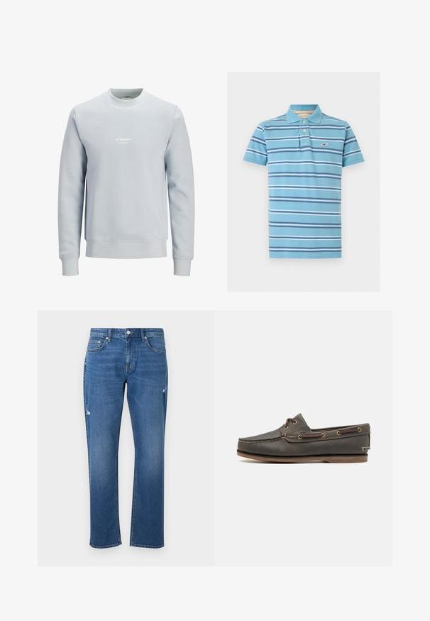 Lichtblauwe crewneck trui met lange mouwen en een klein wit "JJ Studios"-logo in het midden van de borst.; Lichtblauw polohemd met korte mouwen met marineblauwe en witte horizontale strepen, twee knopen op de knoopsluiting en een klein rood meeuwenlogo op de borst.; Blauwe rechte jeans met vijf zakken, knoop- en ritssluiting aan de voorkant en subtiele distressed details op de dijen.; Donkerbruin leren bootschoen met een low profile, voorzien van messing oogjes en contrasterende stiksels, platte rubberen zool en een textuurfinish.