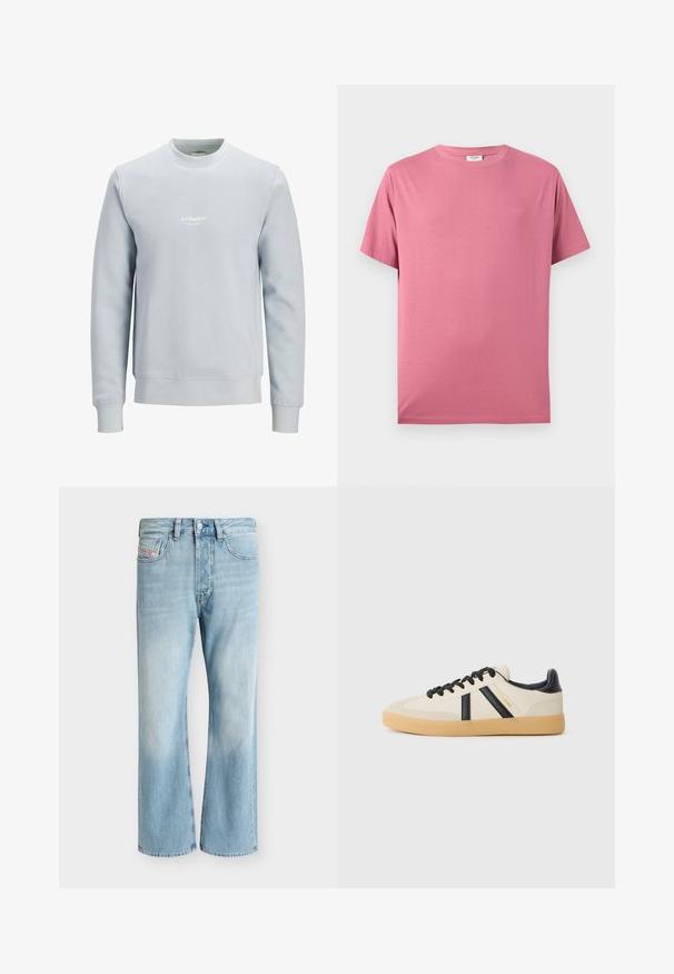 Sweat-shirt bleu clair col rond à manches longues avec petit logo blanc "JJ Studios" centré sur la poitrine.; T-shirt rose uni en coton à manches courtes avec col rond et logo discret sur la poitrine gauche, présenté sur un fond blanc.; Jean en denim bleu clair avec cinq poches et une coupe droite, présenté sur un fond blanc uni.; Baskets décontractées en crème avec des rayures noires, présentant un dessus texturé et une semelle en caoutchouc. Les lacets sont noirs. Logo discret sur le côté.