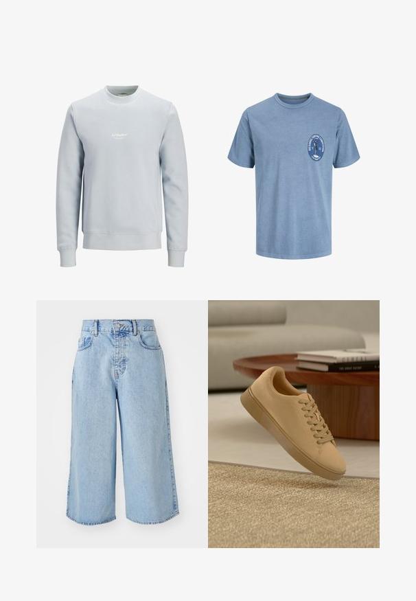 Sudadera azul claro con cuello redondo, mangas largas y pequeño logo blanco "JJ Studios" centrado en el pecho.; Camiseta azul claro de manga corta con pequeño logo en el pecho que muestra a un surfista y texto que dice "Big Barrel Surfing Competition, Local Members Only.".; Pantalones cortos culotte de mezclilla azul claro con una cintura alta, diseño de cinco bolsillos y ajuste holgado. Presentan una textura desvaída y dobladillos de doble costura.; Zapatilla beige con cordones flotando sobre una alfombra texturizada con una mesa de café de madera y libros apilados en un fondo desenfocado.