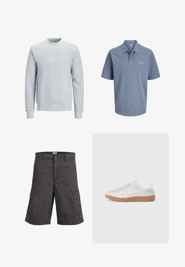Sweat-shirt bleu clair col rond à manches longues avec petit logo blanc "JJ Studios" centré sur la poitrine.; Polo bleu à manches courtes avec col et deux boutons, arborant le logo "Jack & Jones" brodé sur le côté gauche de la poitrine.; Short cargo gris foncé avec poches latérales, fermeture à bouton, passants de ceinture et coutures apparentes sur fond blanc.; Baskets argentées avec une texture lisse, un design à lacets, des accents perforés et une semelle en caoutchouc marron texturé.